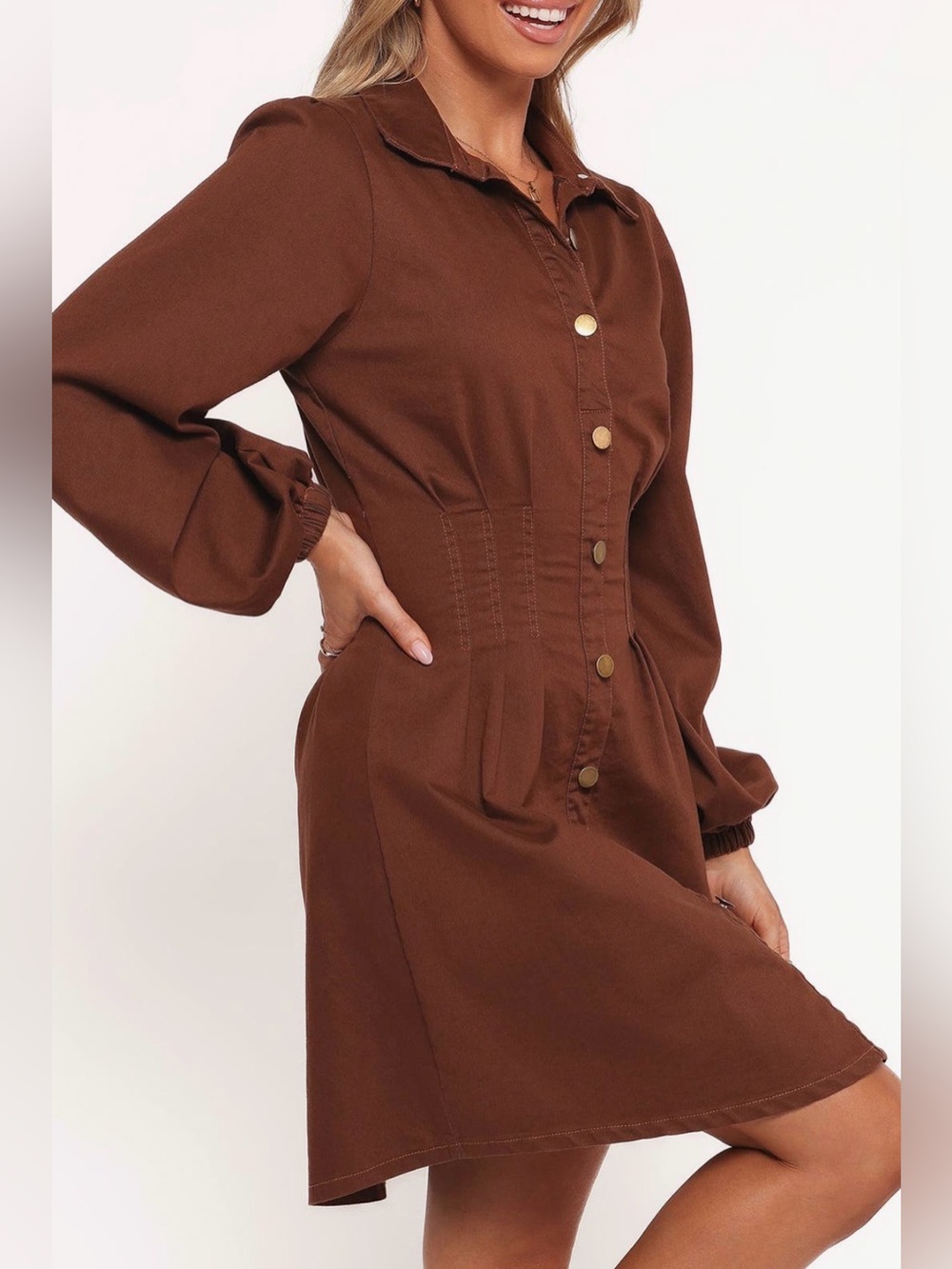 Petal & Pup Phoenix Long Sleeve Mini Dress Brown Denim L Collared - Picture 3 of 11